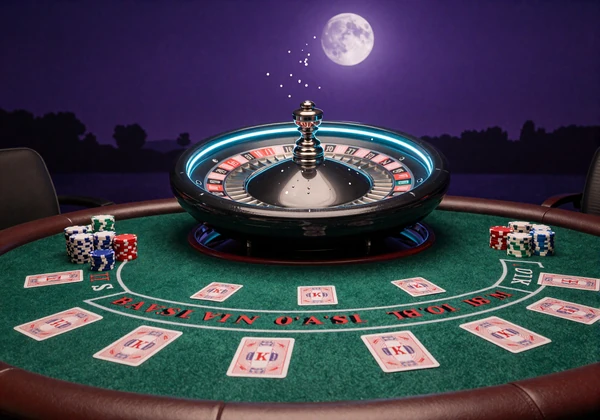 Neon-Roulette-Rad und Blackjack-Tisch im violetten Mondlicht im GambleZen Live Casino online