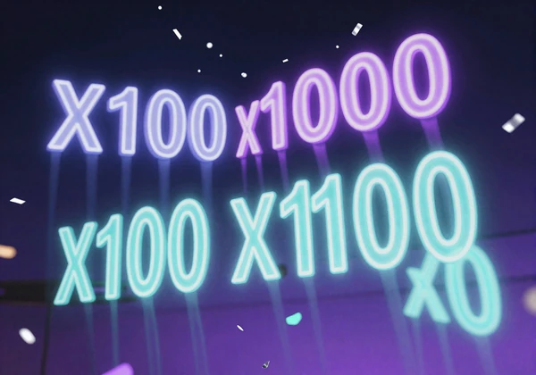 Abstrakte Neon-Kaskade mit x100 und x1000 Multiplikator-Symbolen f&uuml;r Megaways-Slots bei GambleZen