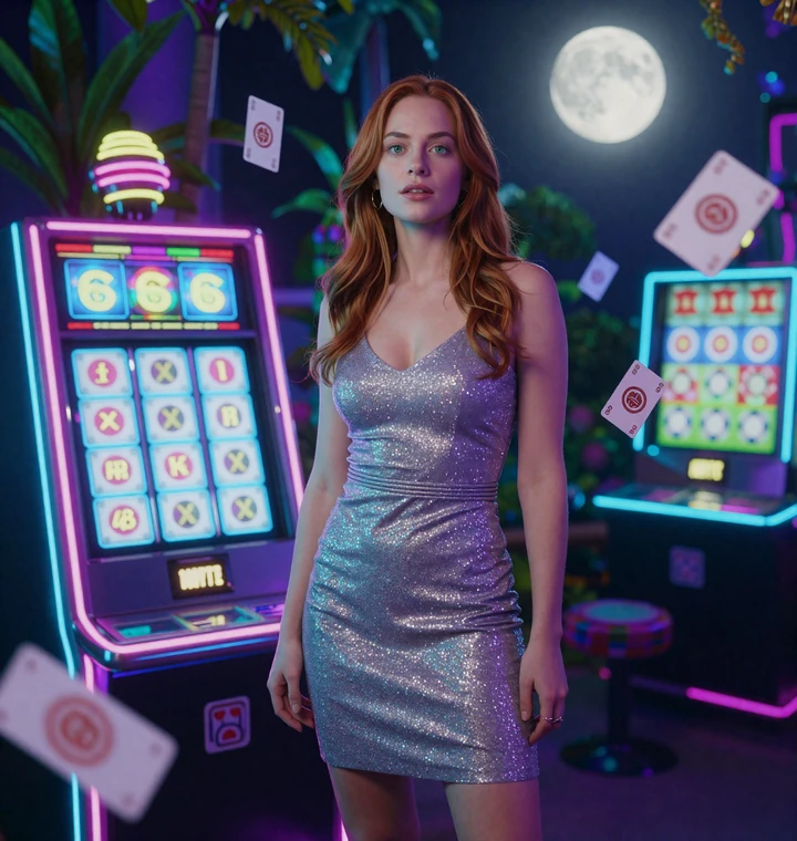 Selbstbewusste Frau mit auburnfarbenem Haar im Mondlicht zwischen leuchtenden Neon-Slot-Walzen und Gl&uuml;ckssymbolen im GambleZen Live Casino online