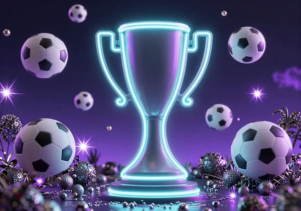 Leuchtender Neon-Pokal mit Fu&szlig;b&auml;llen zum Time of Champions Golden Goal Turnier bei GambleZen