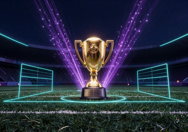 Neon-Fu&szlig;ballfeld mit leuchtendem Pokal zum Time of Champions Golden Goal Turnier bei GambleZen
